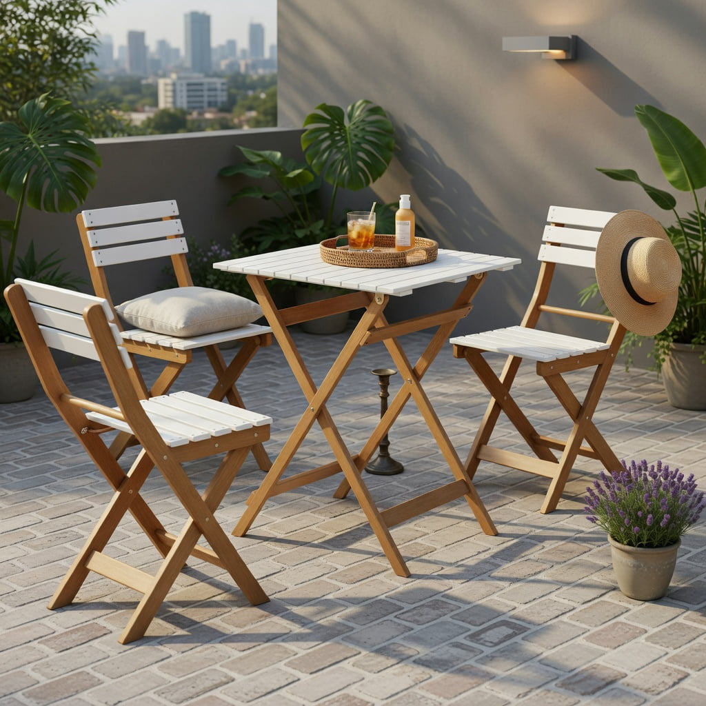 Hommoo 3-Piece Foldable Acacia Wood Patio Bistro Set, Outdoor Chairs + Square Table, Space-Saving Design for Porch, Deck & Garden, Natural