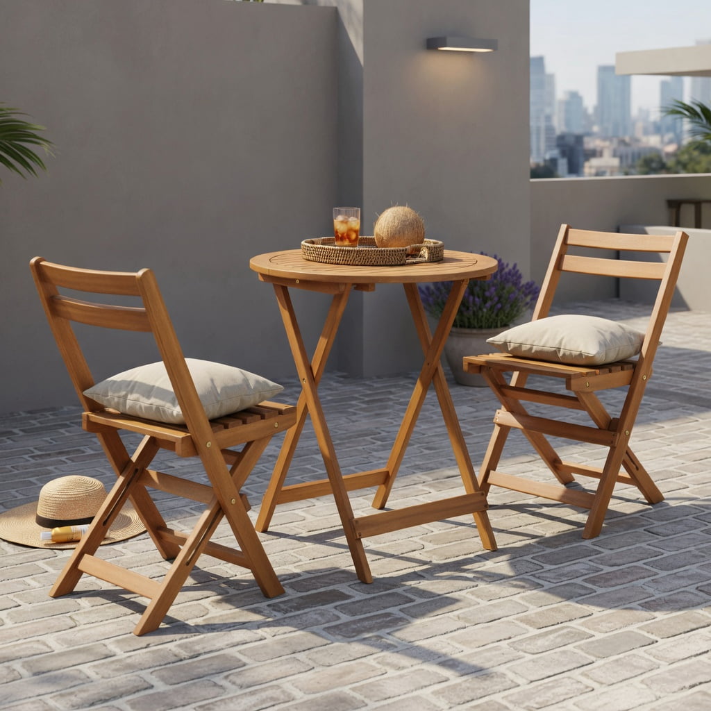 Hommoo 3-Piece Foldable Acacia Wood Patio Bistro Set, Slatted Table & Comfort-Curved Chairs for Poolside, Garden & Small Outdoor Spaces, Natural