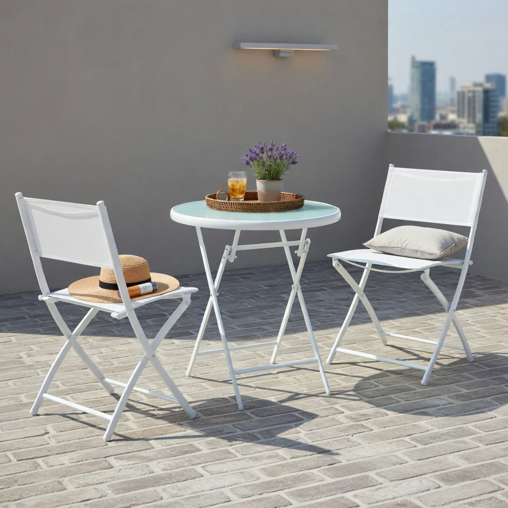 Hommoo 3-Piece Foldable Outdoor Bistro Set, 2 Chairs + Glass Top Coffee Table for Balcony, Patio & Garden, White