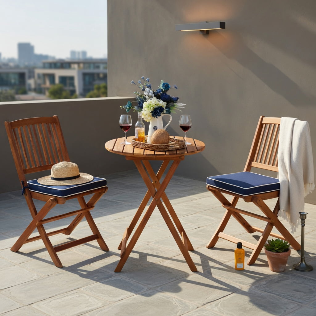 Hommoo 3-Piece Foldable Outdoor Bistro Set, Acacia Wood Patio Chairs & Round Coffee Table with Removable Cushions, Navy