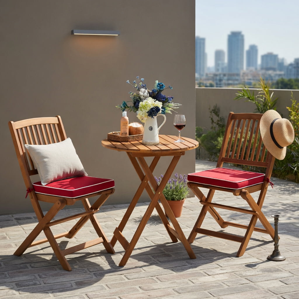Hommoo 3-Piece Foldable Outdoor Bistro Set, Acacia Wood Patio Chairs & Round Coffee Table with Removable Cushions, Red