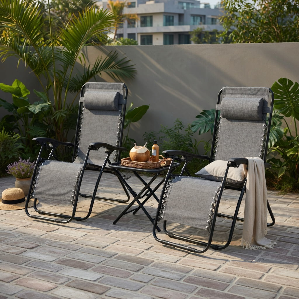 Hommoo 3-Piece Foldable Zero Gravity Lounge Chair Set with Portable Table, Steel Frame, Textilene Fabric, Outdoor Patio, Beach & Deck Recliners, Gray