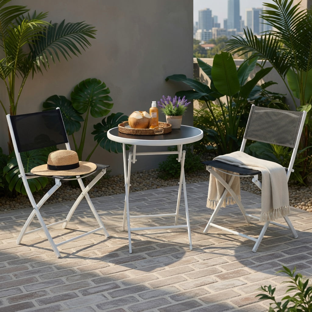 Hommoo 3-Piece Folding Outdoor Bistro Set, 2 Steel-Frame Chairs + Tempered Glass Coffee Table for Balcony, Patio & Deck, Black