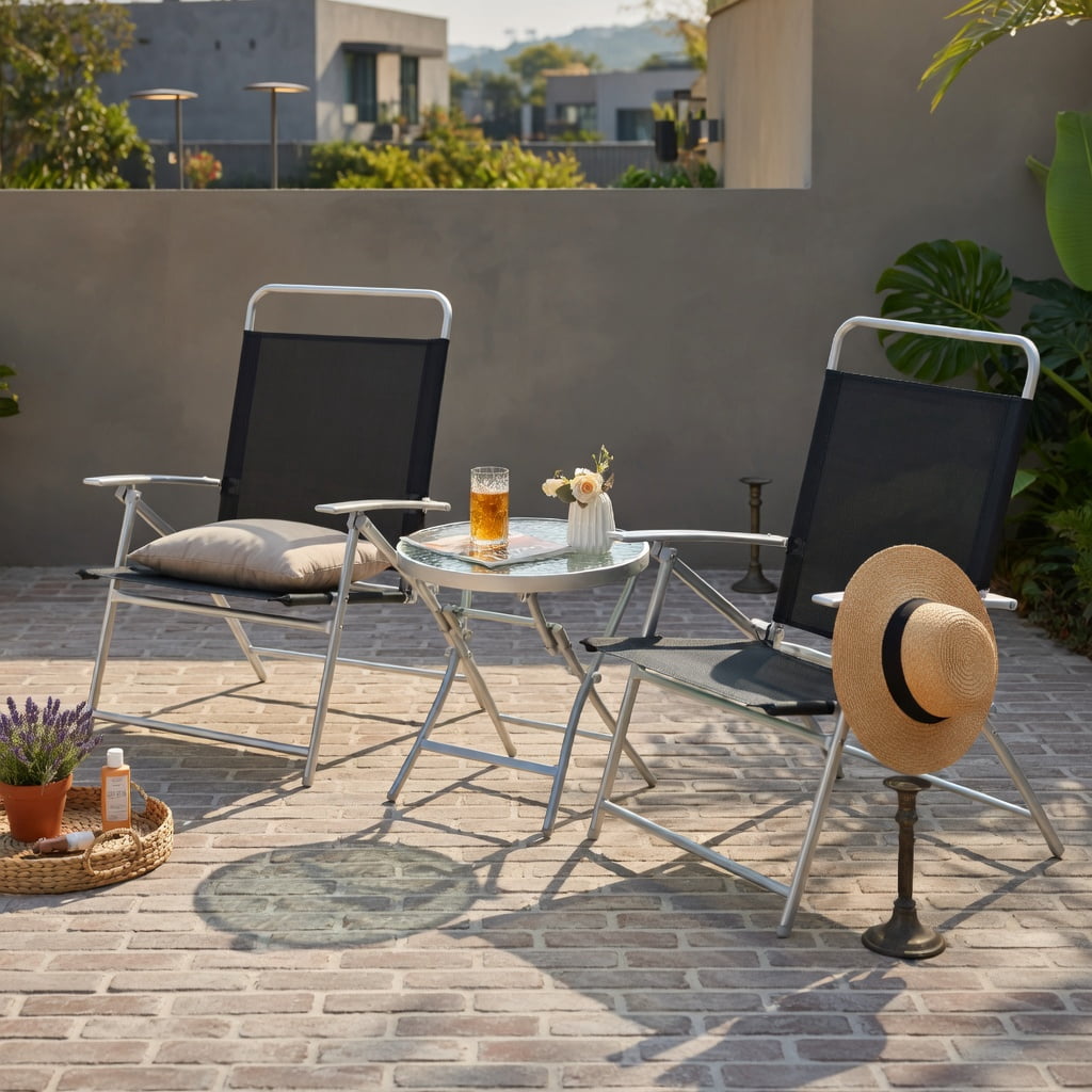 Hommoo 3-Piece Folding Outdoor Patio Chair Set with Tempered Glass Coffee Table, Metal Conversation Set for Backyard, Poolside & Balcony, Black