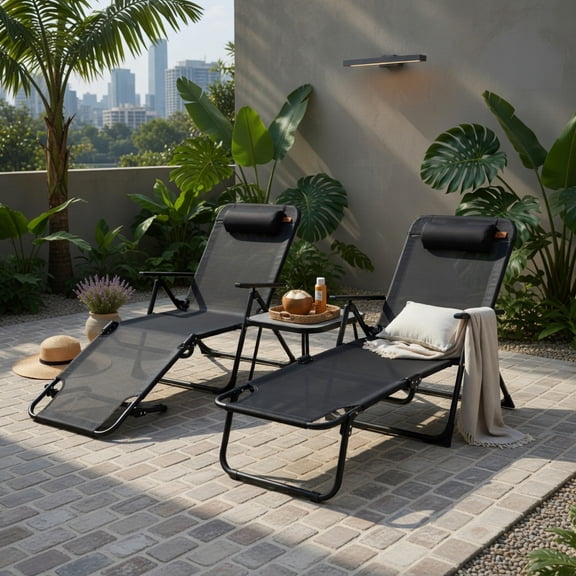 Hommoo 3-Piece Folding Patio Chaise Lounge Set with Marble-Powdered PVC Table, Adjustable Reclining Chairs, Weather-Resistant Outdoor Lounge Furniture for Deck, Poolside & Garden, Black