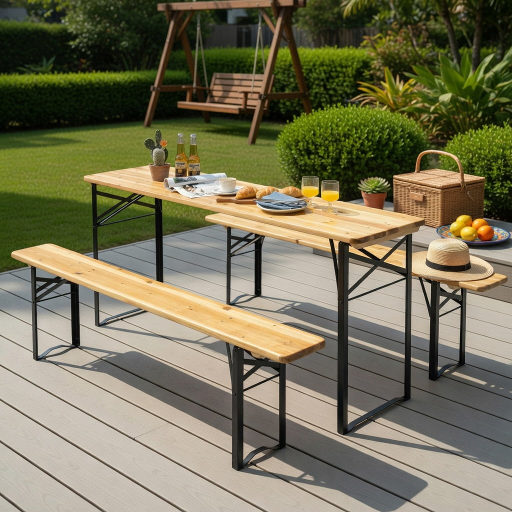 Hommoo 3-Piece Folding Wooden Picnic Table & Bench Set, Rustic Fir Wood Top with Iron Frame, Indoor/Outdoor Use, Natural