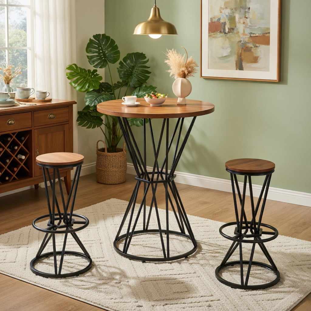 Hommoo 3-Piece Industrial Bar Set, 31.5" Wood Grain MDF Round Bar Table + 2 Metal Bar Stools for Kitchen Island, Small Apartment, Breakfast Nook, Walnut & Black