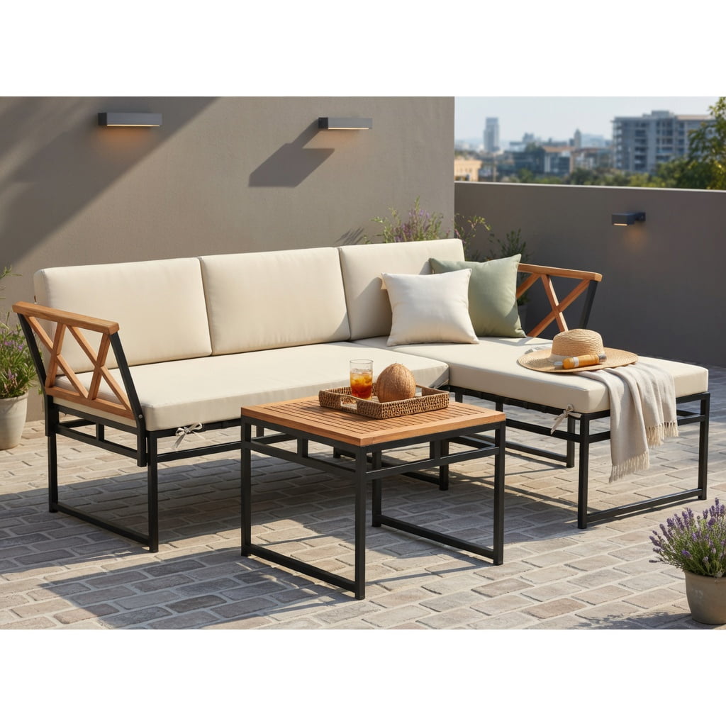 Hommoo 3-Piece L-Shaped Outdoor Patio Furniture Set, Cushioned Acacia Wood Loveseat & Lounge Sofa with Coffee Table for Porch, Backyard, Poolside, Brown