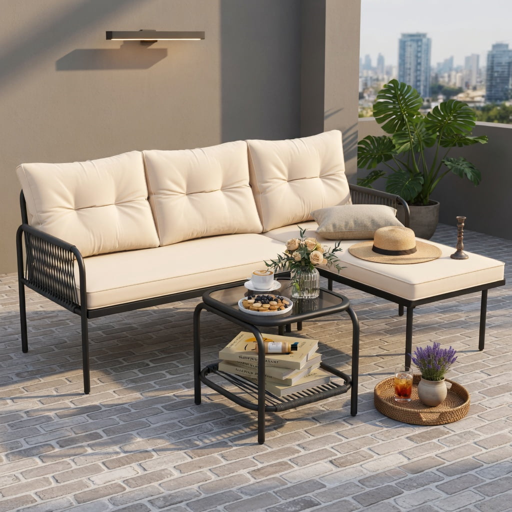 Hommoo 3-Piece L-Shaped Patio Furniture Set, PE Rattan Sectional Sofa with Beige Cushions, Tempered Glass Coffee Table, Outdoor Lounge Set for Deck, Balcony & Poolside, Beige