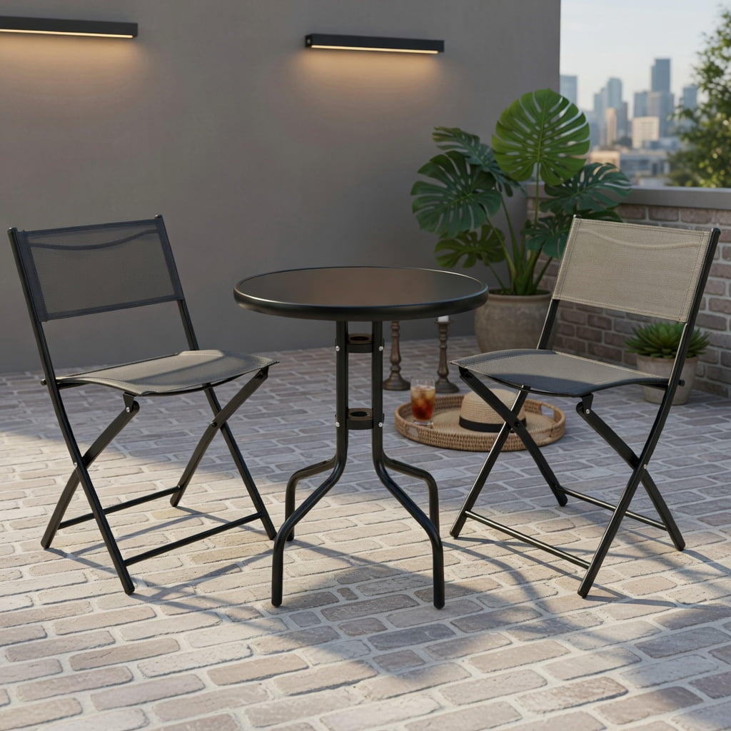 Hommoo 3-Piece Metal Folding Bistro Set, Round Tempered Glass Table + 2 Ergonomic Foldable Chairs for Patio, Garden & Indoor Use, Black