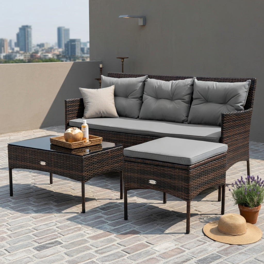 Hommoo 3-Piece Modern Outdoor Patio Sectional Set with Steel Frame, All-Weather Rattan Sofa, Ottoman & Tempered Glass Coffee Table, Includes 5 Cushions, Gray