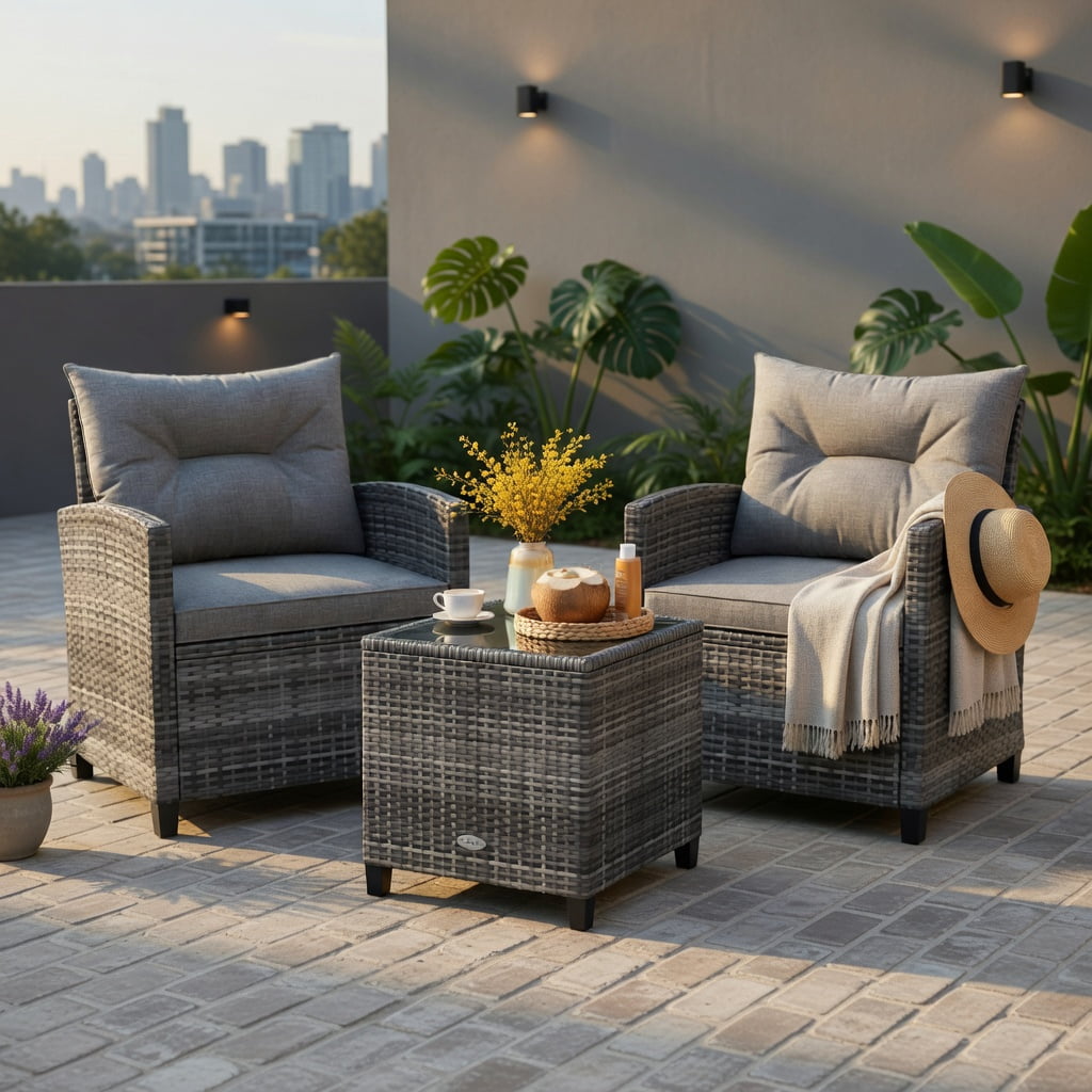 Hommoo 3-Piece Modern Outdoor Wicker Conversation Set, PE Rattan Sofa & Coffee Table with Tempered Glass Top, Weather-Resistant Cushions, Gray