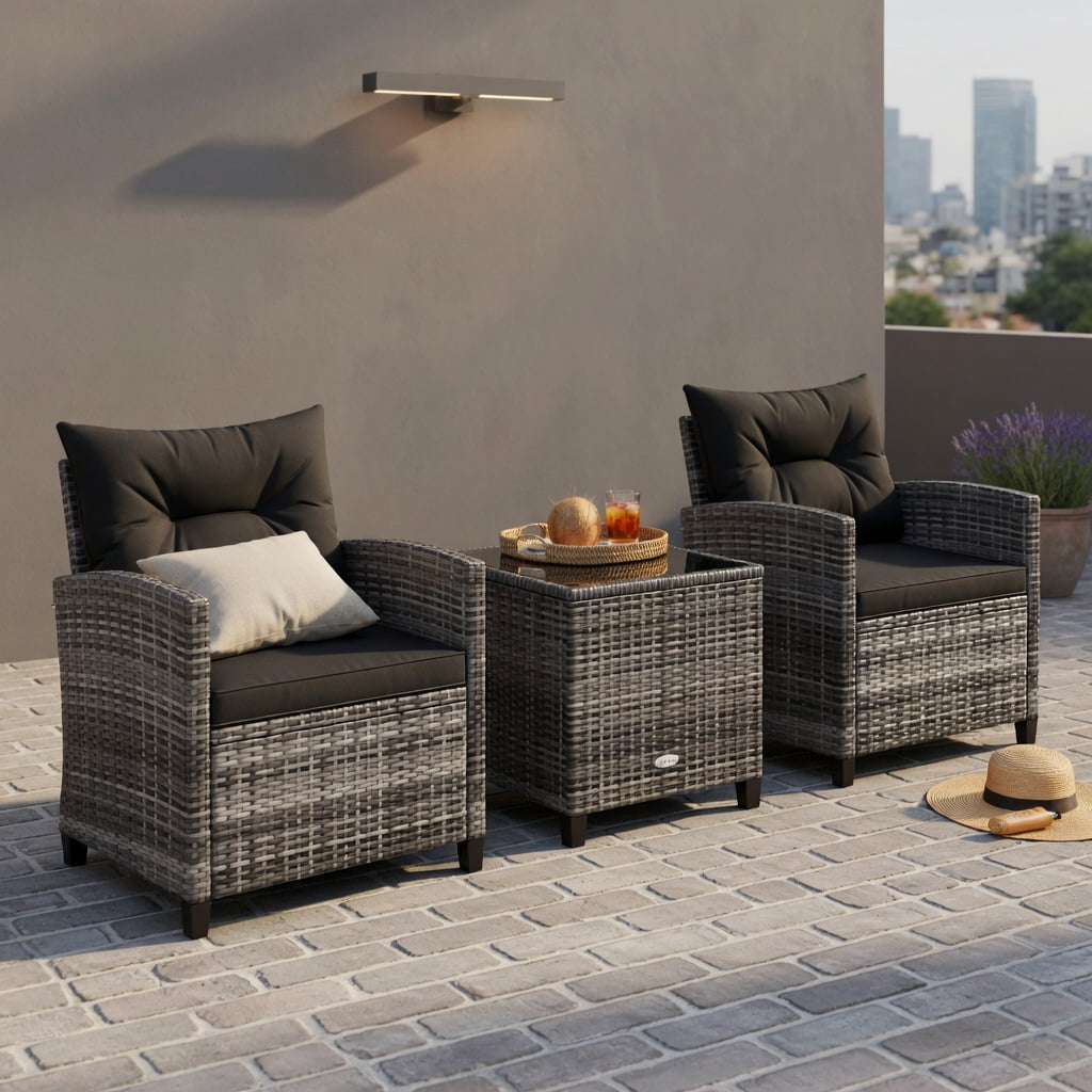 Hommoo 3-Piece Modern Outdoor Wicker Conversation Set, Steel Frame, Tempered Glass Table & Weather-Resistant Cushions, Black
