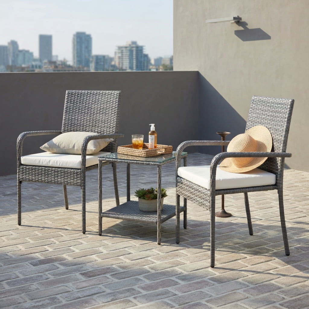 Hommoo 3-Piece Modern PE Rattan Patio Furniture Set with Cushions, Tempered Glass Tabletop, and Reinforced Metal Frame, Ideal for Balcony, Porch & Backyard, White