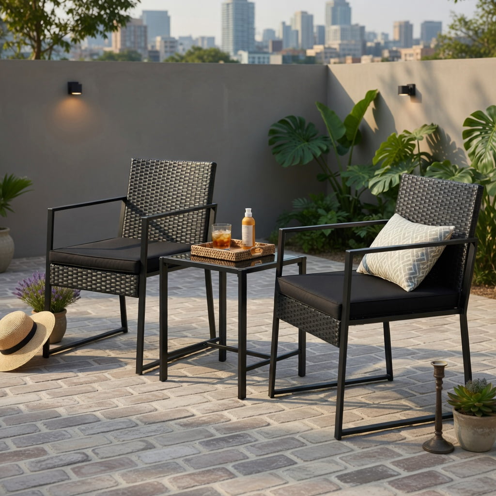 Hommoo 3-Piece Modern PE Rattan Patio Furniture Set with Tempered Glass Coffee Table, Heavy-Duty Outdoor Seating for Balcony, Porch & Small Spaces, Black