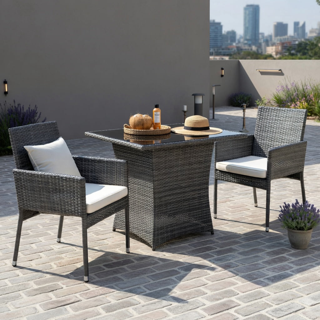 Hommoo 3-Piece Modern Patio Rattan Furniture Set, Steel Frame with Cushions, Tempered Glass Table & Ergonomic Armchairs for Balcony, Porch & Garden