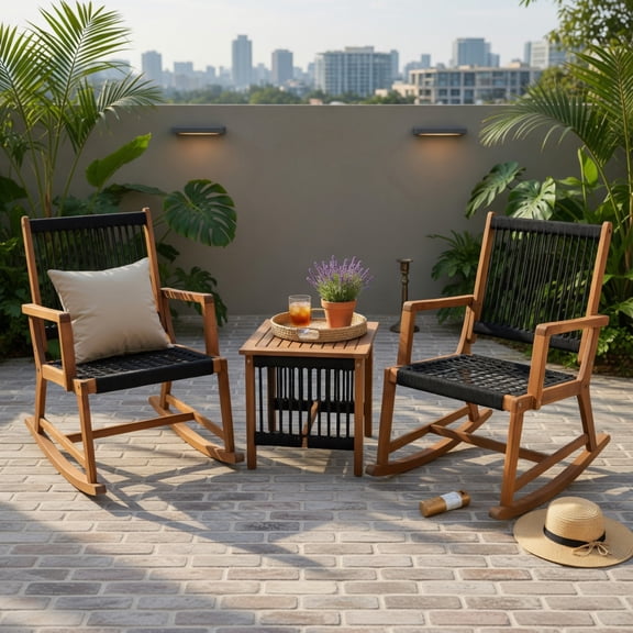 Hommoo 3-Piece Outdoor Acacia Wood Rocking Bistro Set with Breathable Plastic Rope Chairs & Square Coffee Table, Navy
