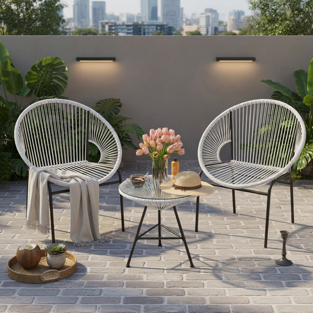 Hommoo 3-Piece Outdoor Acapulco Bistro Set, 2 Ergonomic Rope Chairs + Tempered Glass Table, White