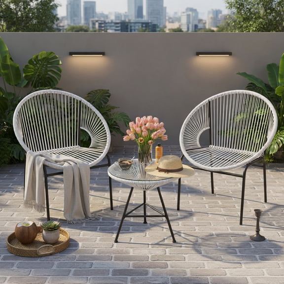Hommoo 3-Piece Outdoor Acapulco Bistro Set, 2 Ergonomic Rope Chairs + Tempered Glass Table, White