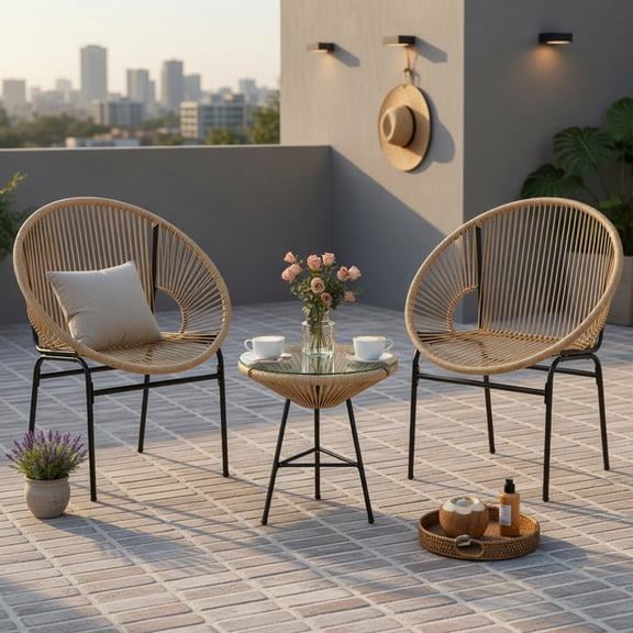 Hommoo 3-Piece Outdoor Acapulco Bistro Set, 2 Ergonomic Rope Chairs + Tempered Glass Table for Patio, Garden & Poolside, Brown