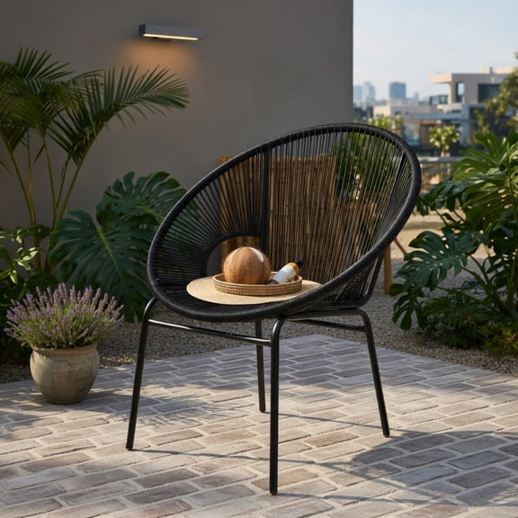 Hommoo 3-Piece Outdoor Acapulco Bistro Set, PE Rope Chairs + Tempered Glass Table for Patio, Yard & Poolside, Black