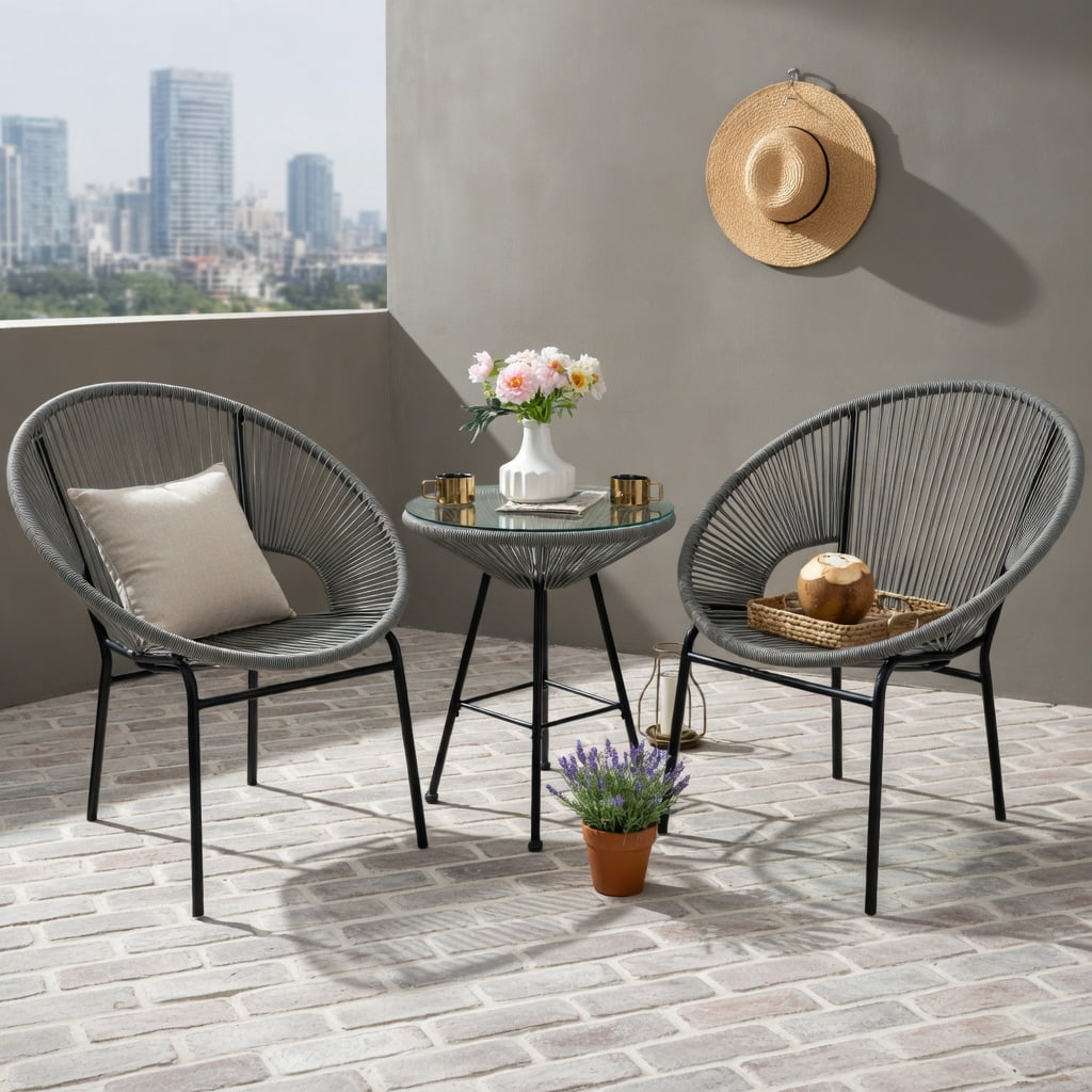 Hommoo 3-Piece Outdoor Acapulco Bistro Set, PE Rope Chairs + Tempered Glass Table for Patio, Yard & Poolside, Gray