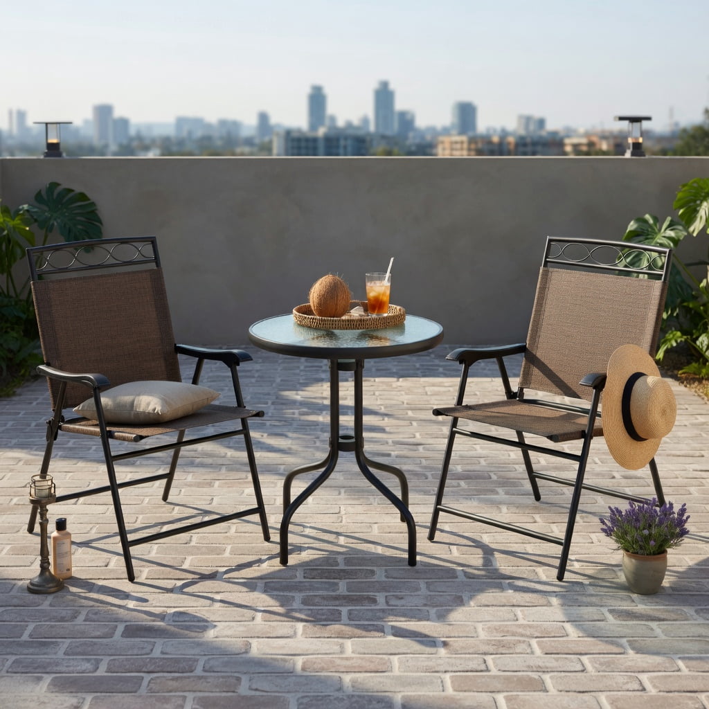 Hommoo 3-Piece Outdoor Bistro Set, Foldable Metal Patio Chairs + Round Tempered Glass Table with 1.57" Umbrella Hole, Compact for Balcony, Porch & Small Spaces, Brown & Black