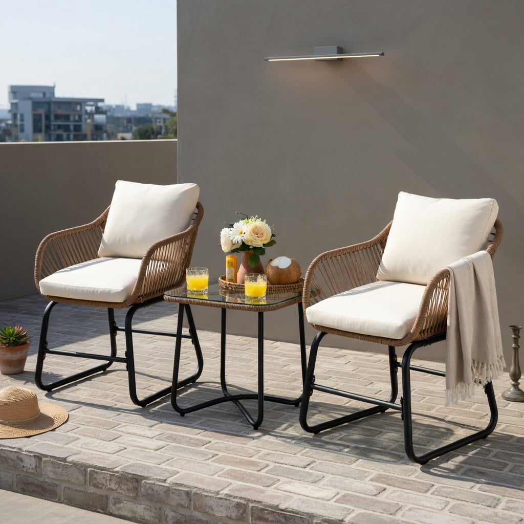 Hommoo 3-Piece Outdoor Bistro Set, PE Rattan Chairs with Square Tempered Glass Coffee Table, Includes Cushions & Lumbar Pillows for Patio, Balcony & Garden, White