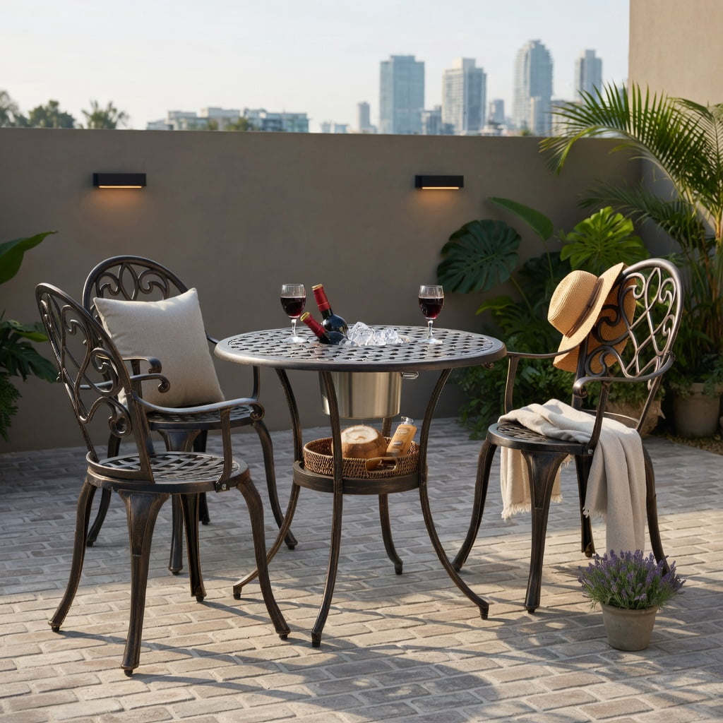 Hommoo 3-Piece Outdoor Bistro Set with Removable Stainless Steel Ice Bucket, Cast Aluminum Patio Table & Chairs for Backyard, Balcony, Poolside, Antique Bronze