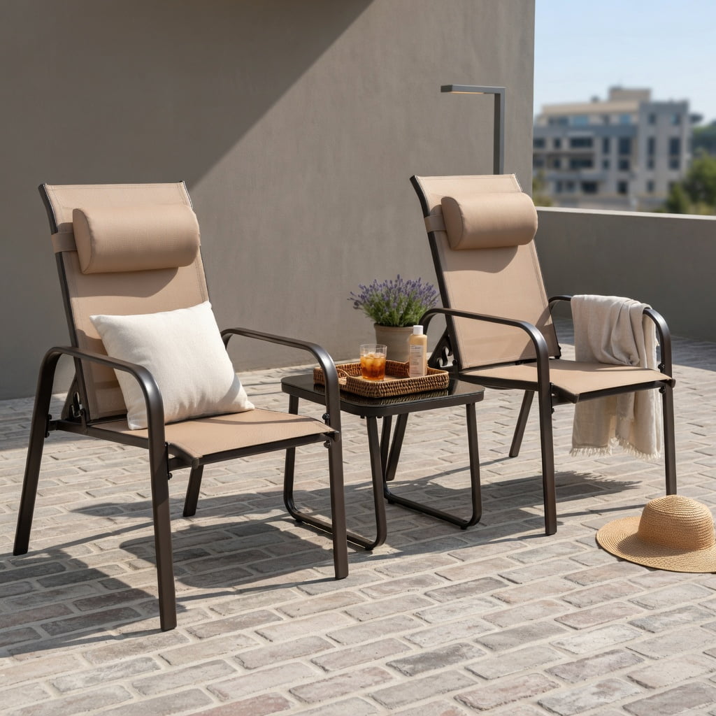 Hommoo 3-Piece Outdoor Bistro Set, Stackable Steel Chairs with Adjustable Backrest & Headrest, Tempered Glass Table, Brown