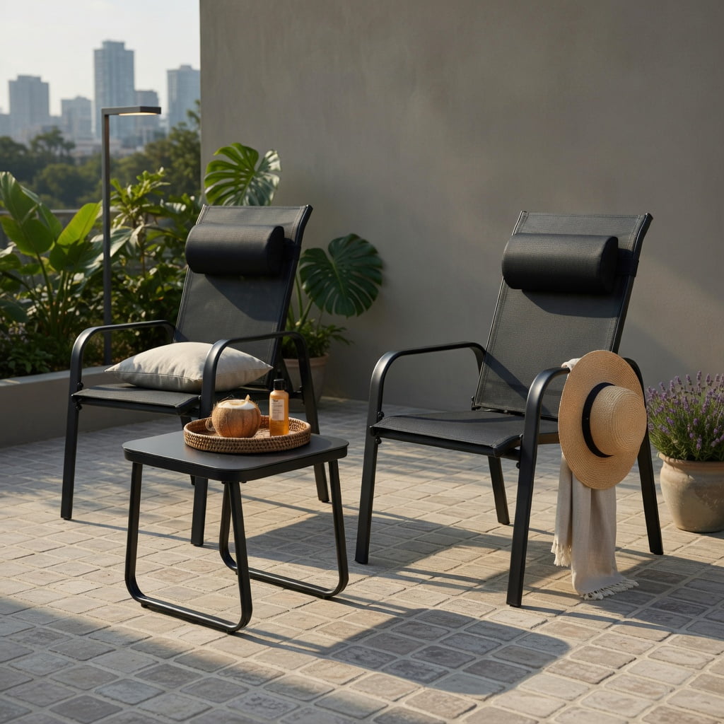 Hommoo 3-Piece Outdoor Bistro Set, Stackable Steel Chairs with Adjustable Backrest & Tempered Glass Table for Patio, Balcony, Porch, Black