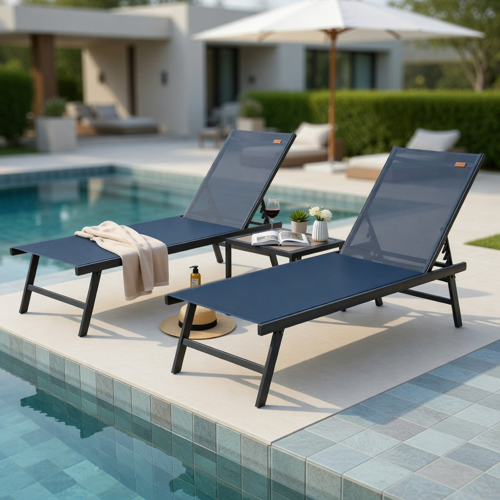 Hommoo 3-Piece Outdoor Chaise Lounge Chair Set with Adjustable Backrest and DPC Wood-Look Coffee Table for Patio, Poolside, or Backyard, Navy