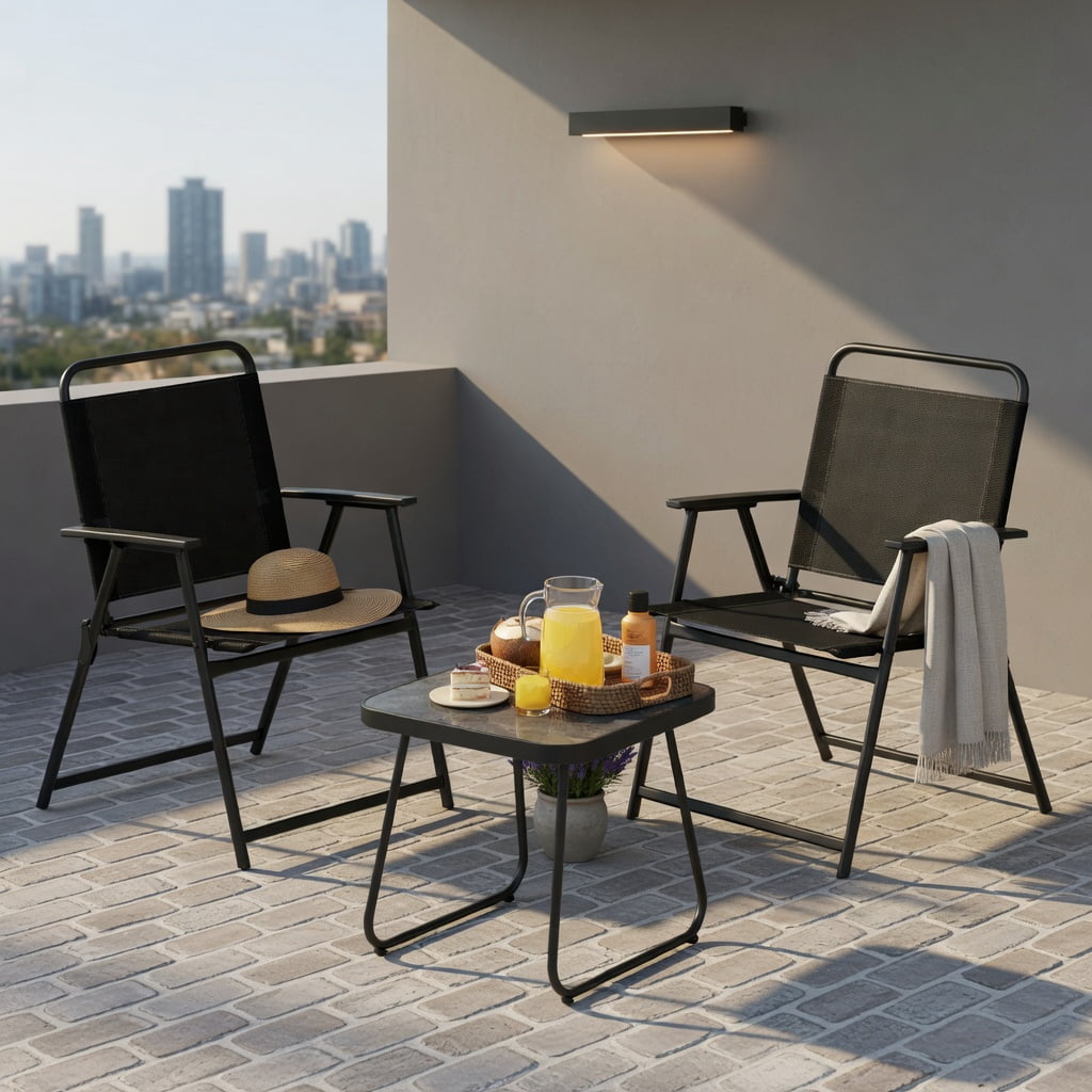 Hommoo 3-Piece Outdoor Folding Patio Set, 2 Folding Chairs + 18" Square Coffee Table, Heavy-Duty Metal Frame, Breathable Fabric, Compact Storage, Black
