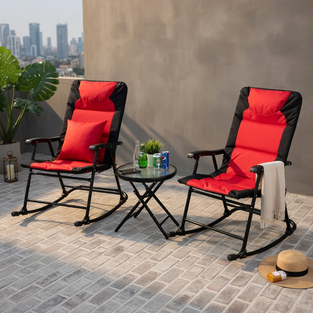 Hommoo 3-Piece Outdoor Folding Rocking Chair & Table Set with Cushions, Steel Frame, Tempered Glass Table, Portable Patio Furniture for Deck, Backyard, Camping, Red