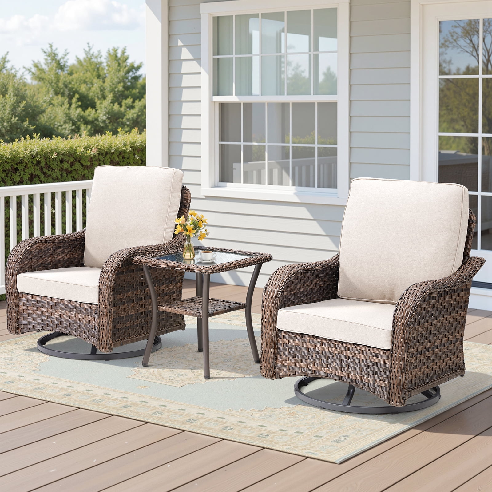 Hommoo 3-Piece Outdoor Furniture Set, Outdoor Swivel Gliders Rocker, Wicker Patio Bistro Set with Side Tablerd for Porch Deck Backyard, Beige