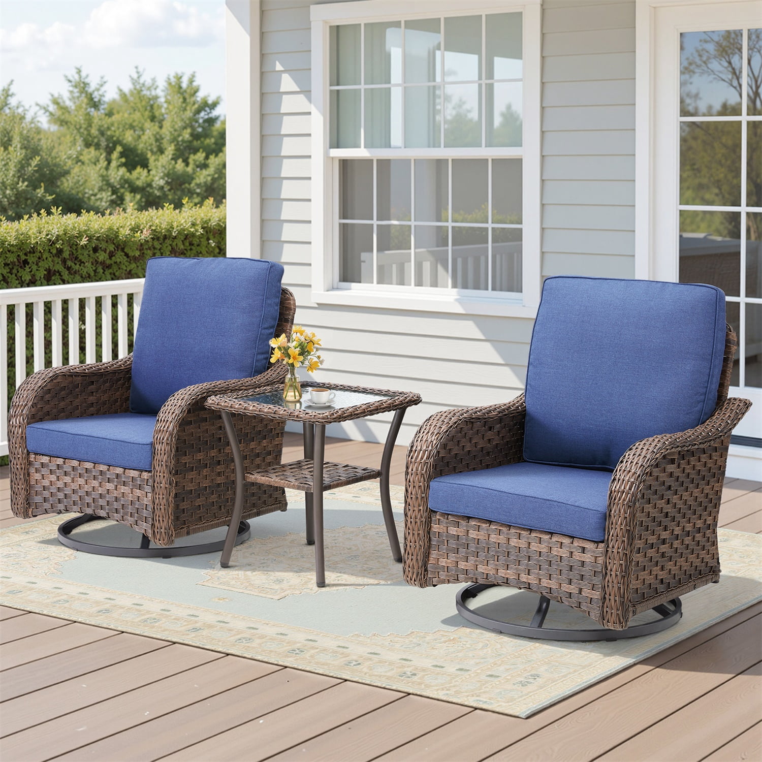 Hommoo 3-Piece Outdoor Furniture Set, Outdoor Swivel Gliders Rocker, Wicker Patio Bistro Set with Side Tablerd for Porch Deck Backyard, Blue
