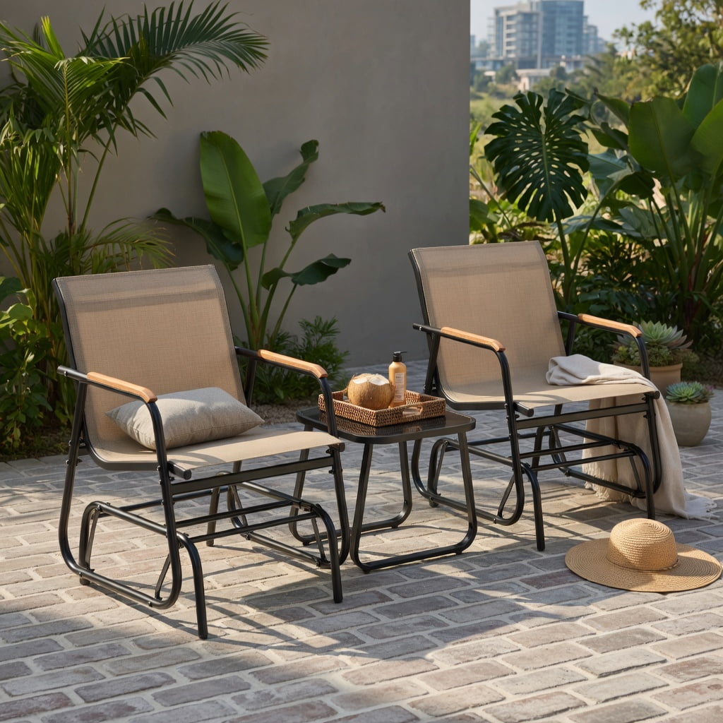 Hommoo 3-Piece Outdoor Glider Bistro Set, Metal Frame with Tempered Glass Table, Teak Wood Armrests, Breathable Fabric Seating for Patio, Porch, Balcony, Brown