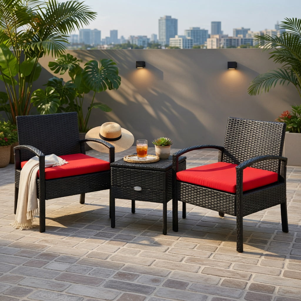 Hommoo 3-Piece Outdoor PE Rattan Patio Sofa Set with Washable Removable Cushions, for Backyard, Balcony, Poolside, Red