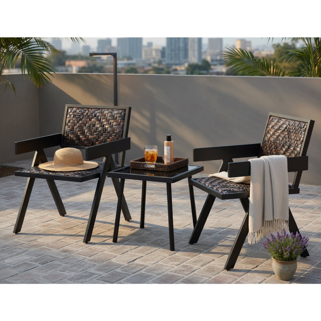 Hommoo 3-Piece Outdoor PE Wicker Bistro Set, 2 Armchairs + Coffee Table with Quick-Dry Foam Cushions, Fade-Resistant Brown Wicker & Tempered Glass Top, Brown