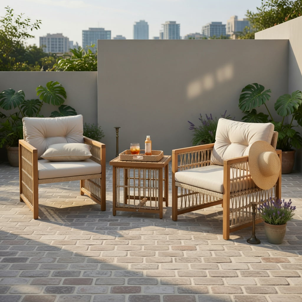 Hommoo 3-Piece Outdoor PE Wicker Patio Furniture Set, Cushioned Acacia Wood Conversation Set with Square Coffee Table & Ergonomic Chairs, Brown