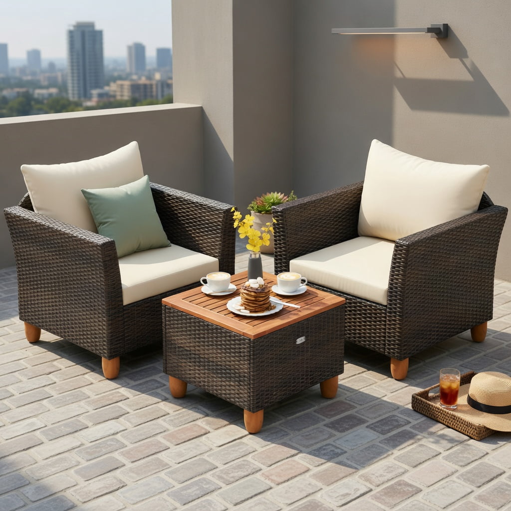 Hommoo 3-Piece Outdoor PE Wicker Patio Furniture Set with Acacia Wood Storage Coffee Table & Premium Cushions, Brown