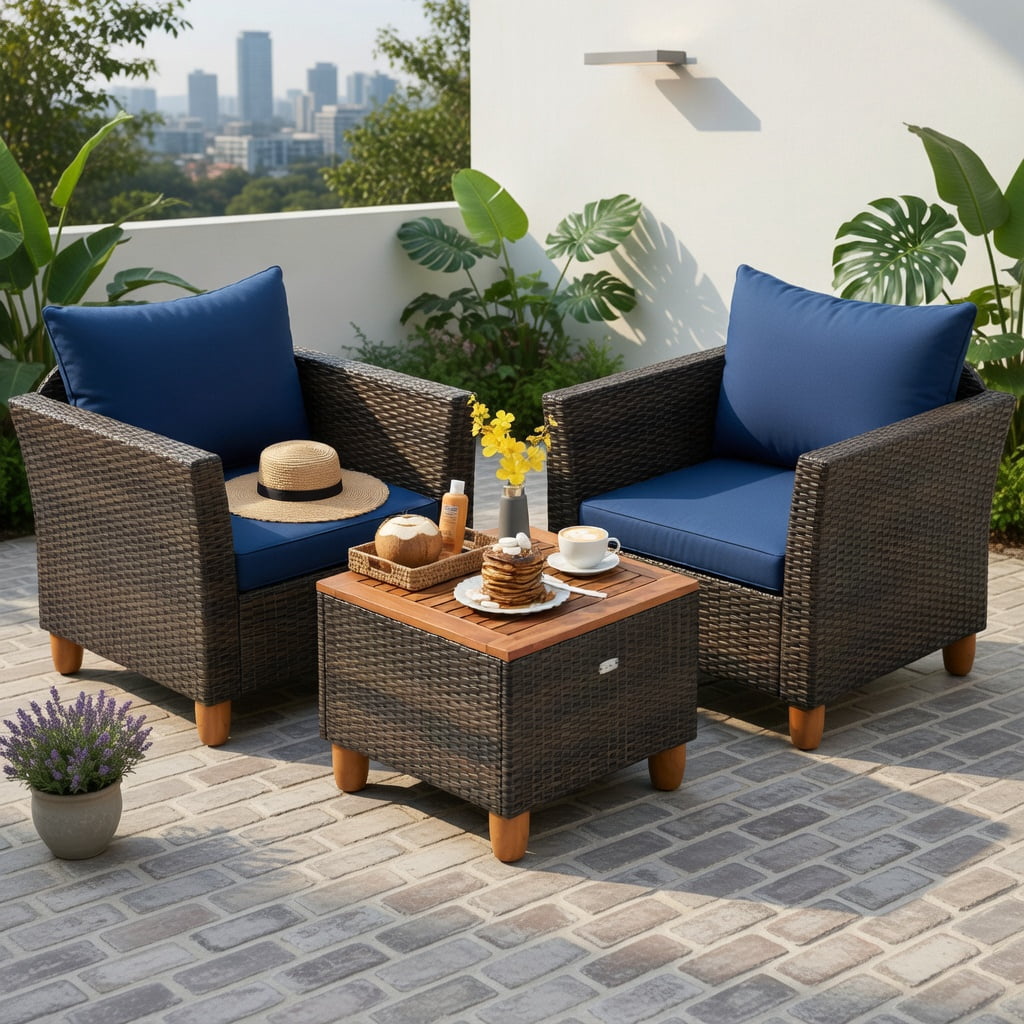 Hommoo 3-Piece Outdoor PE Wicker Patio Furniture Set with Navy Cushions, Acacia Wood Storage Coffee Table & Heavy-Duty Metal Frame, Navy