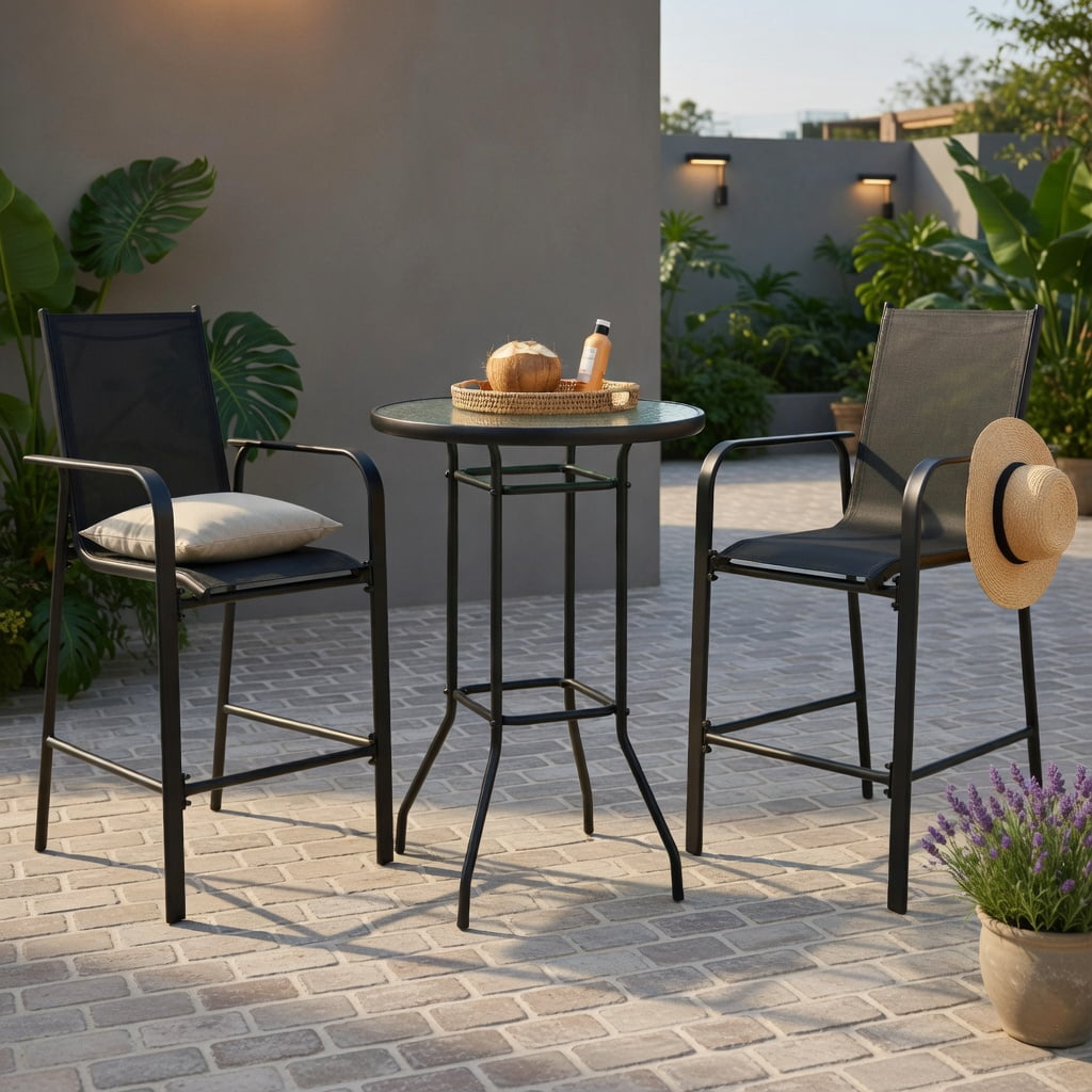Hommoo 3-Piece Outdoor Patio Bar Set, Steel Frame with Tempered Glass Table & Fabric Stools for Backyard, Poolside & Garden, Black
