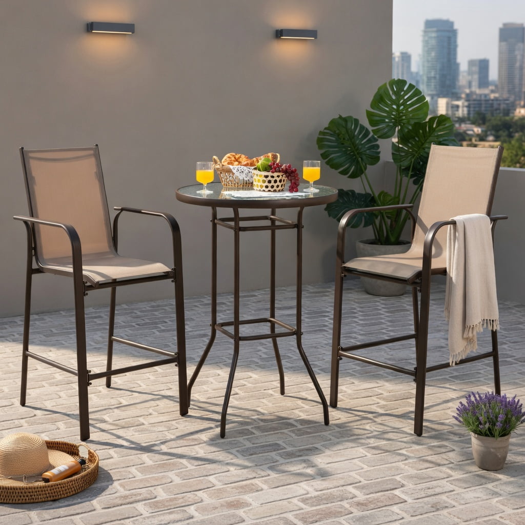 Hommoo 3-Piece Outdoor Patio Bar Set, Steel Frame with Tempered Glass Table and Fabric Upholstered Stools for Backyard, Poolside & Garden, Brown