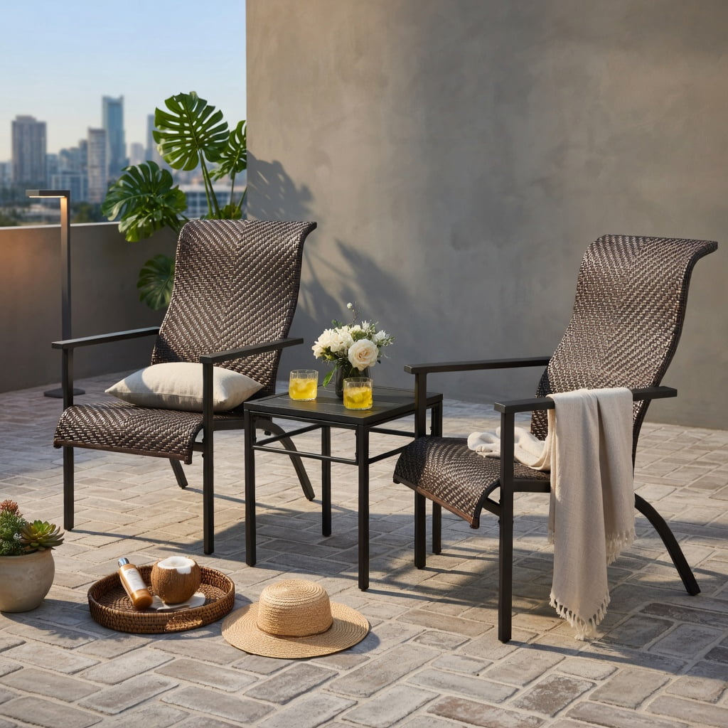 Hommoo 3-Piece Outdoor Patio Bistro Set, Weather-Resistant PE Rattan Table & 2 High-Back Chairs with Armrests, Compact for Balcony, Backyard & Poolside, Brown