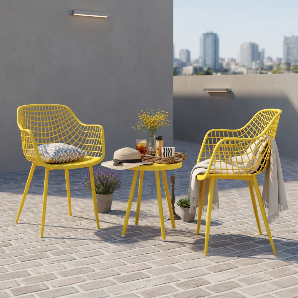 Hommoo 3-Piece Outdoor Patio Chair Set with PP Seat & Coffee Table, Metal Bistro Set for Backyard, Balcony, Poolside, Yellow