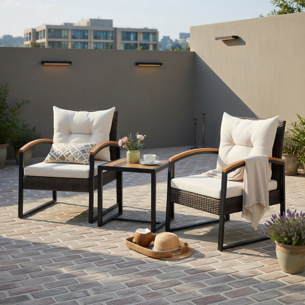 Hommoo 3-Piece Outdoor Patio Conversation Set, Acacia Wood Armrests & Tabletop, PE Rattan Chairs with Cushions, Includes Square Coffee Table, White