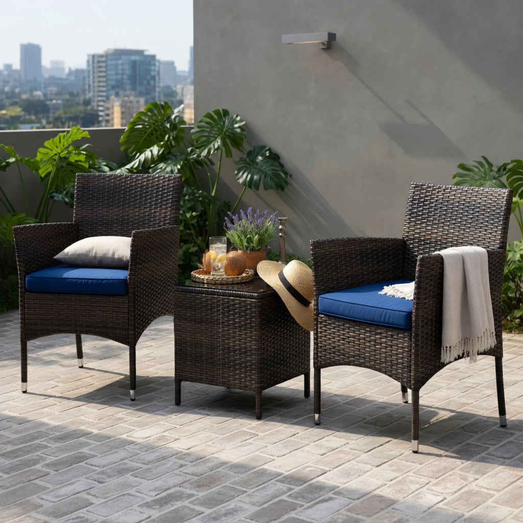 Hommoo 3-Piece Outdoor Patio Conversation Set, Cushioned Wicker Chairs + Square Tempered Glass Coffee Table, PE Rattan & Steel Frame, Navy