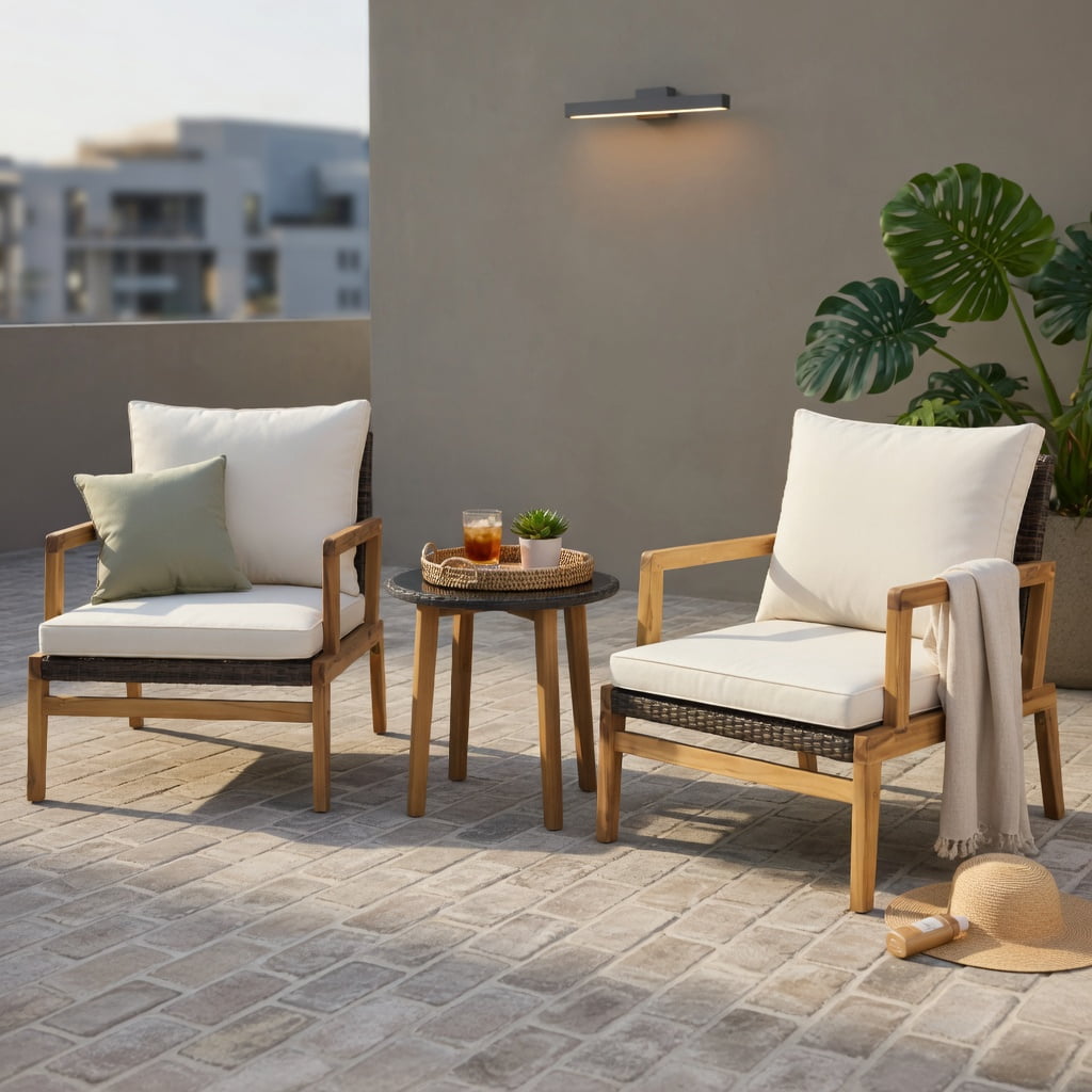 Hommoo 3-Piece Outdoor Patio Furniture Set, 2 Cushioned Rattan Chairs + Tempered Glass Side Table, PE Rattan & Polyester Cushions, Acacia Wood & Metal Frame, Brown
