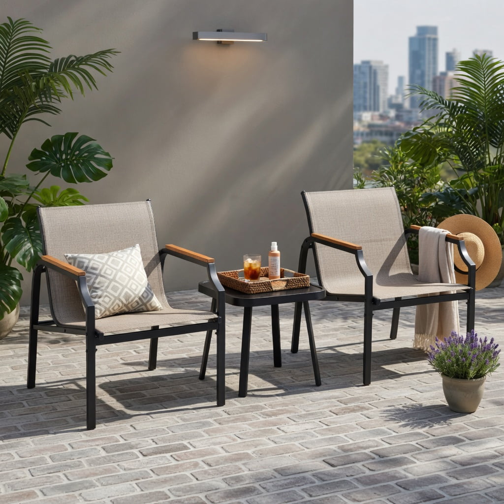 Hommoo 3-Piece Outdoor Patio Furniture Set, 2 Ergonomic Metal Chairs + Tempered Glass Coffee Table, Breathable Fabric Seats, Brown